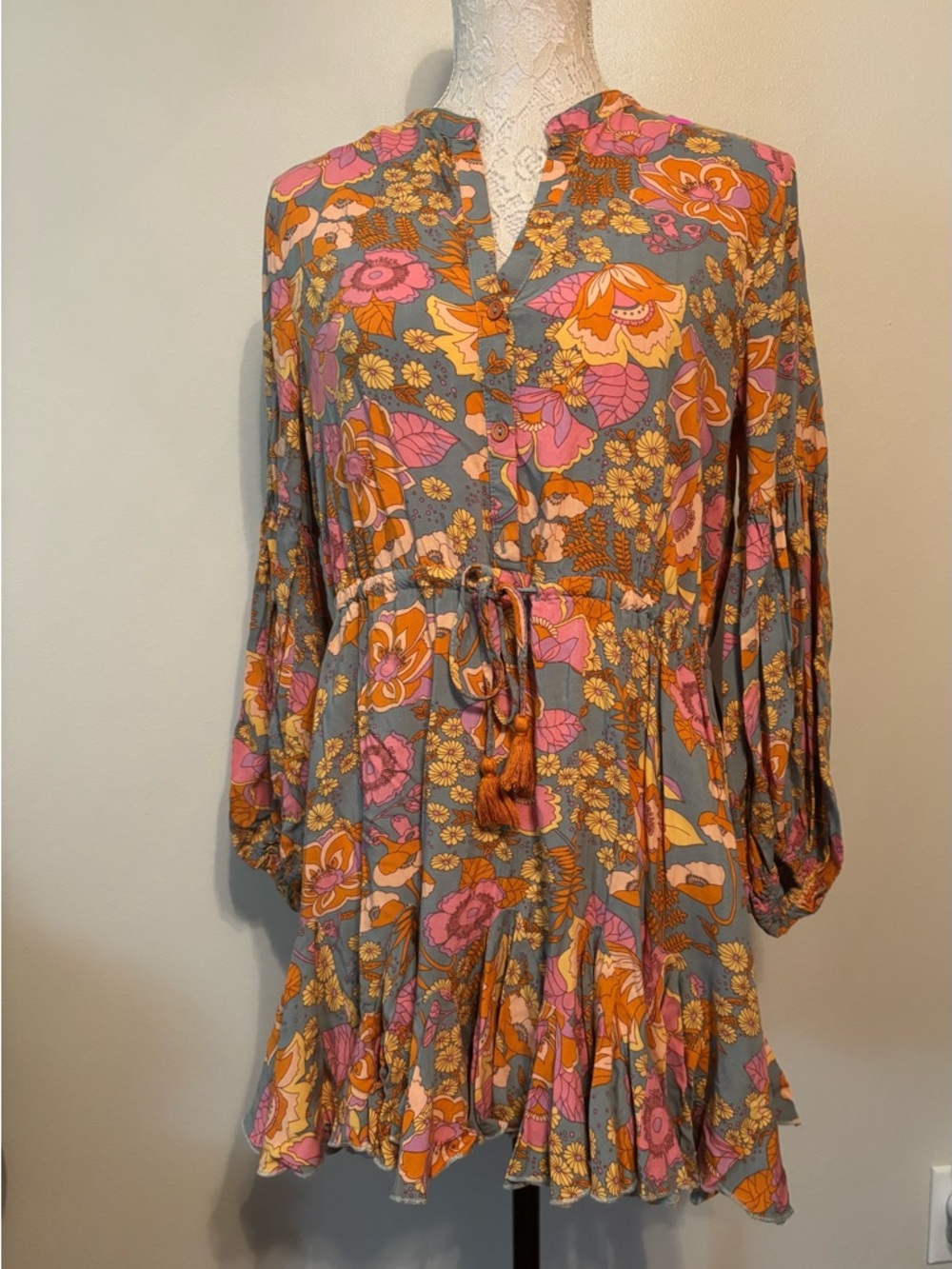 Aakaa Floral Tiered Mini Dress - Gray with Pink & Orange Blooms